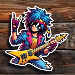 Pegatinas de rock and roll, calcomanías para amantes de la música, regalo de guitarrista, calcomanía para computadora portátil de estrella de rock, decoración de banda punk, diseño colorido de dibujos animados de rockero