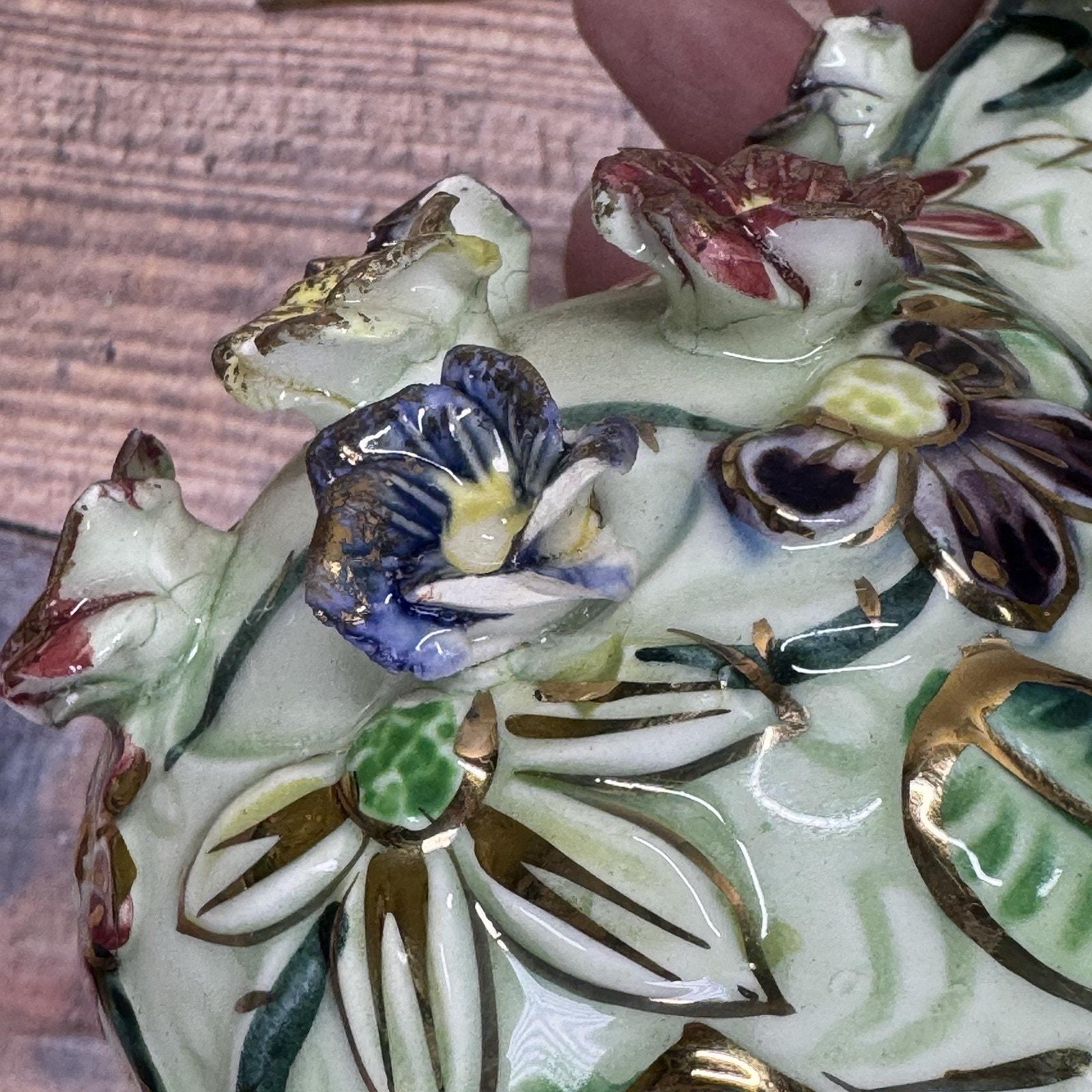 行事器 Vtg West Pac Japan Porcelain Hand Painted Gold Trim Floral Relief