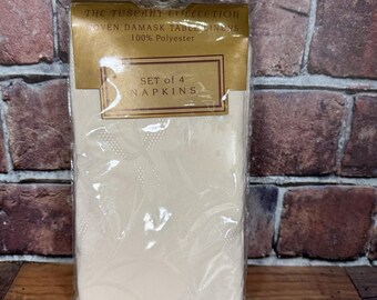 Juego de 4 servilletas vintage de damasco tejido color marfil, colección Tuscany, nuevas en su empaque original.