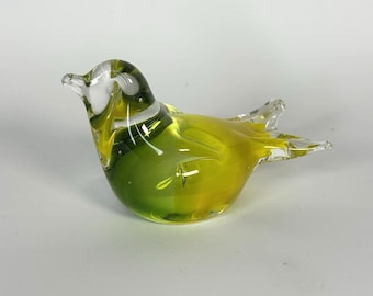 Vintage Bird Paperweight Clear Art Glass Yellow Green Murano Style Small Swirl