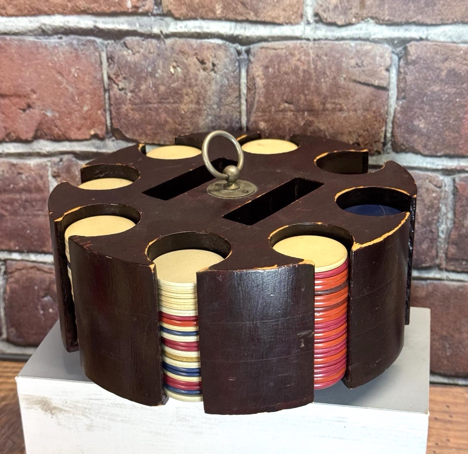 Vintage Solid Wood Poker Chip Caddy Carousel Clay Chips Spinning