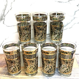 Set mit 7 Vtg Culver High Ball Gläser Regal 22k Gold & Green Crackle Barware MCM