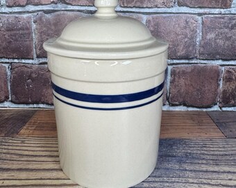 Vintage Roseville aardewerk vriendschapsbus crock met deksel blauwe landelijke boerderij