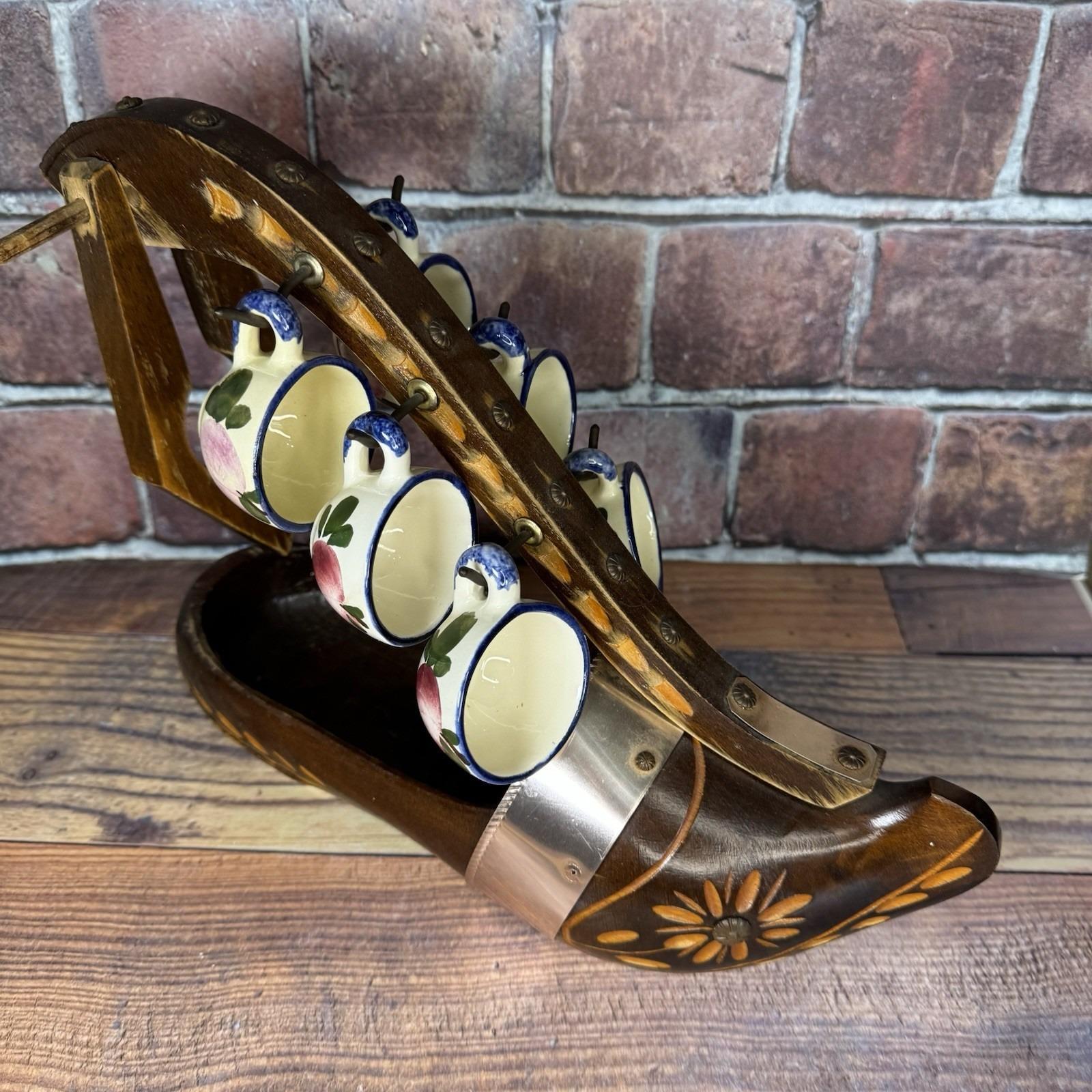 Vintage Dutch Clog Wine Bottle Holder Hand Carved Wooden Shoe W 6
