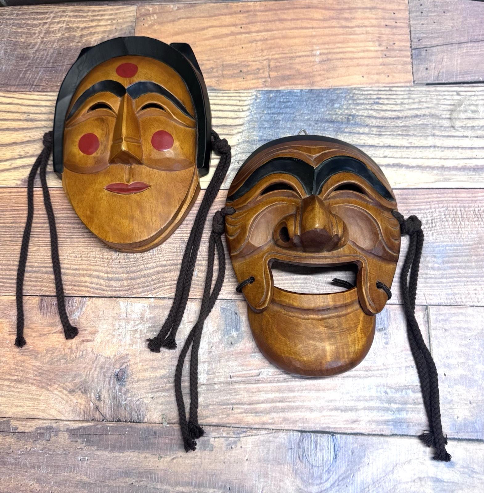 Set of 2 Vtg Korean Ceremonial Hahoetal Masks Hand Carved Olive 