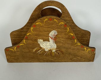 Servilletero de madera vintage con forma de ganso, estilo rústico de granja, pintado a mano.