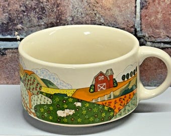 Vintage Farmhouse Soup Mug Bowl with Handle~ Stoneware Made In Japan Barn Farm