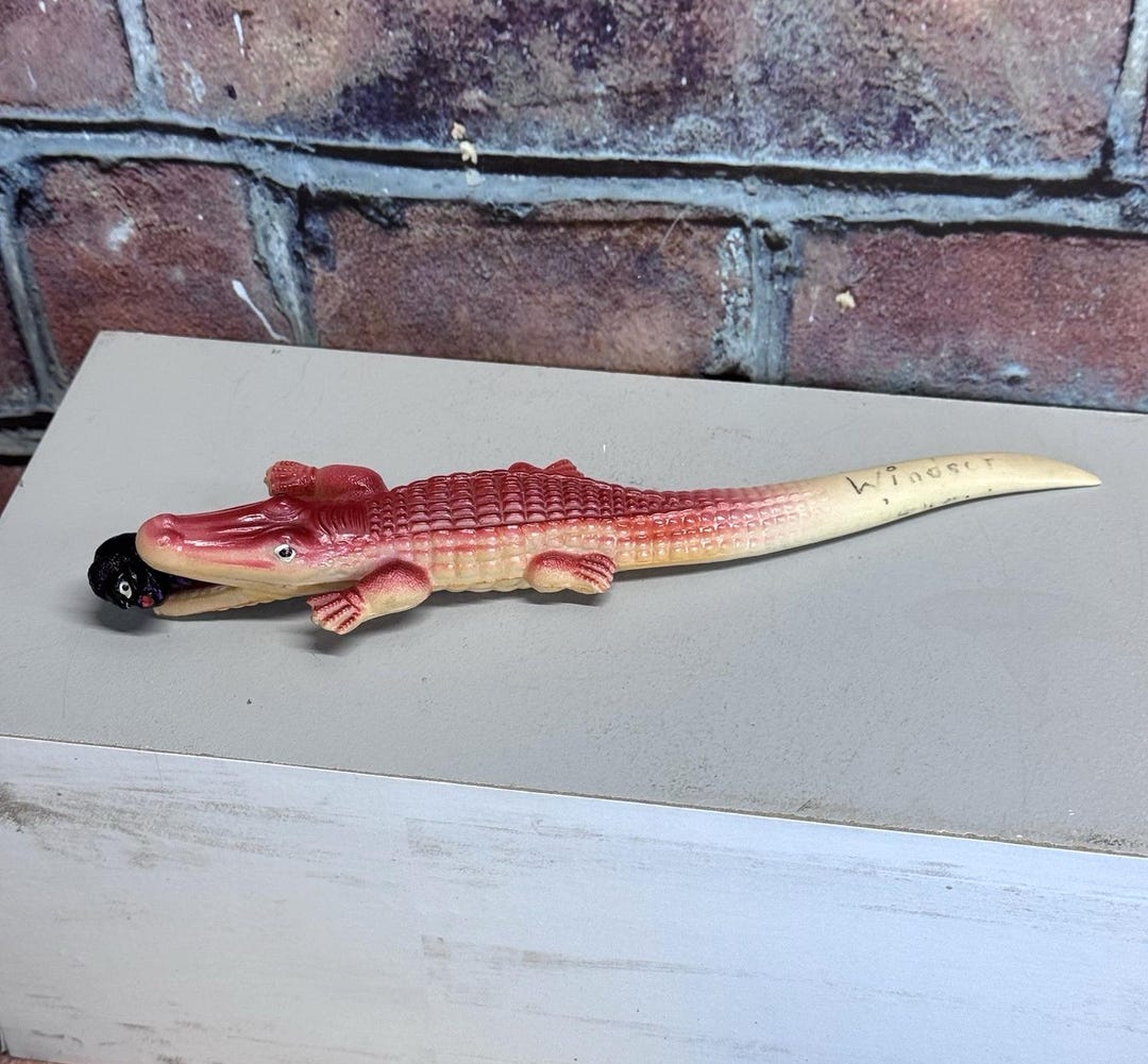 Vtg 1930s Celluloid Alligator Eating Man Pencil Holder Letter
