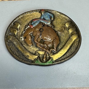 Vintage 1970s Western Rodeo Trophy Belt Buckle Solid Brass Hand-painted Horse