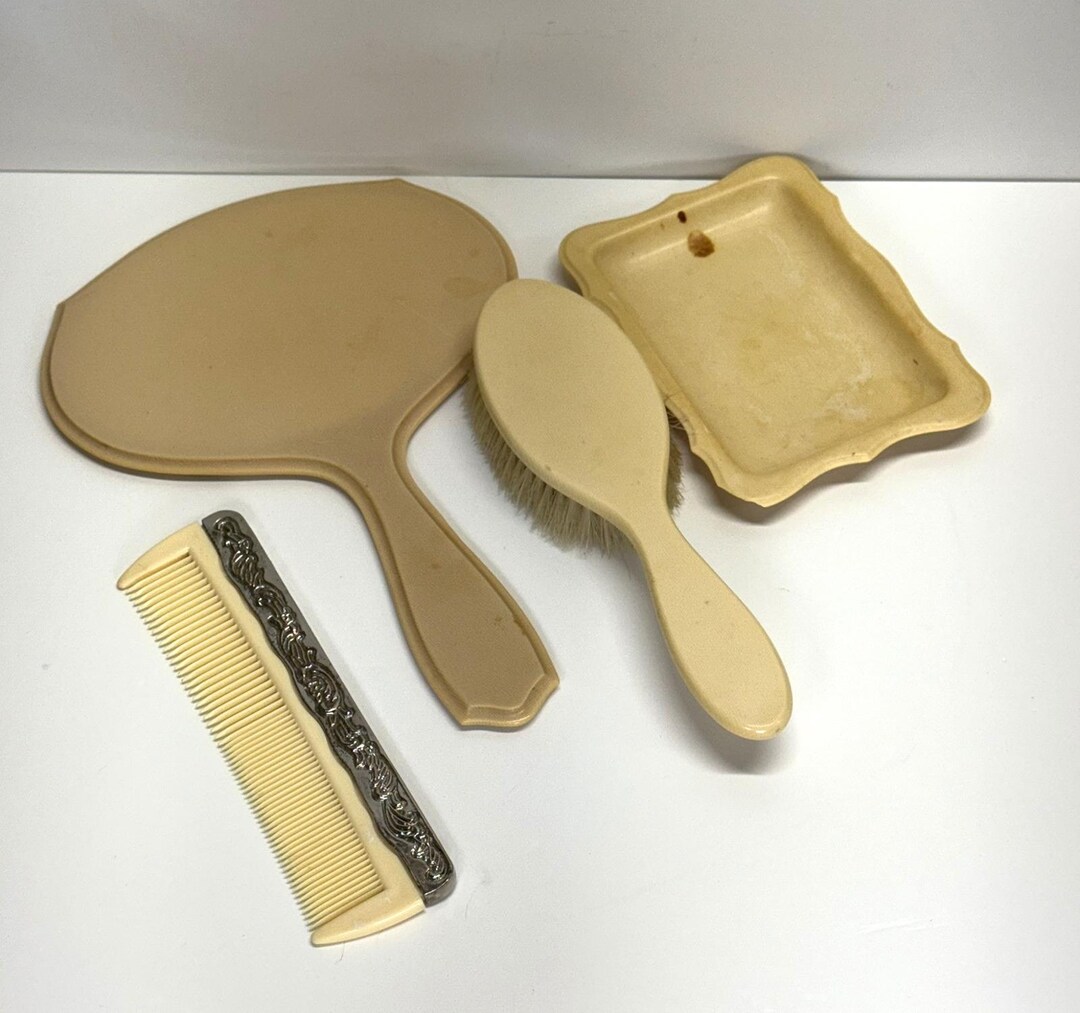 Vintage 4 Piece Ivory Celluloid Dresser Vanity Set W/brush Mirror