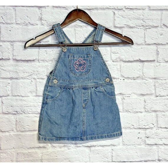 oshkosh denim overall dress Vtg Girls Oshkosh Jean Denim Overall Dress Size 3T Embroidered Flower Jumper  Y2K