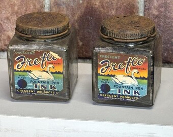 Lot of 2 Crescent Fre Flo-Fountain Pen Ink Glass Bottles Jars Antique 1920s