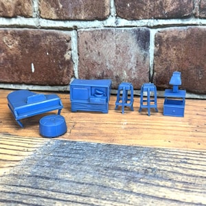 Lot of 6 Vintage Superior Brand Miniature Dollhouse Furniture, Blue Plastic &#39;60s