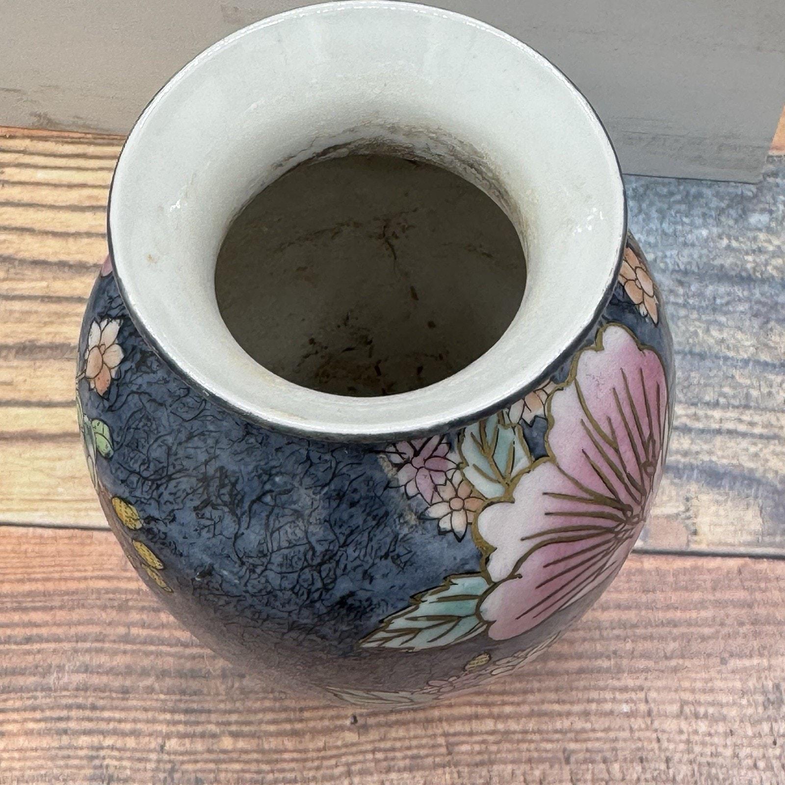 手描き花柄の磁器花瓶 ヴィンテージ中国製磁器花瓶 手描き花柄 蓮 青＆ピンク 刻印入り 6