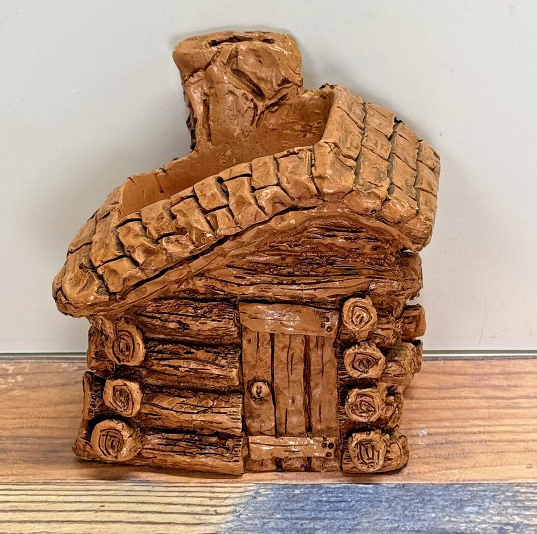 Vintage 1973 Russ Berrie & Co. Brown Log Cabin Clay Planter "one Potato