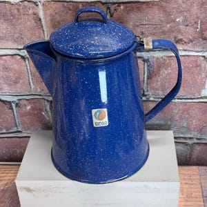 Vintage Cinsa Blue Speckled Enamelware Camping Percolator Coffee Pot Farmhouse