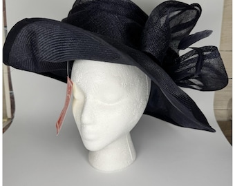 Vintage Navy Hat With Wide Brim and Dramatic Organza Loops  display picture 1