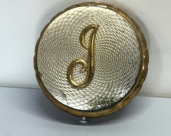 Antique powder compact Letter Script J Initial, Ornate Engraved, Classic Round