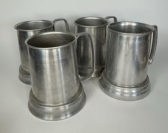 Set of 4 Vintage Glass Bottom Aluminum Beer Stein Tankard Taiwan MCM Barware
