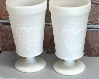 Set of 2 Vintage Footed Milk Glass Tumblers Goblet Grape Harvest Anchor Hocking