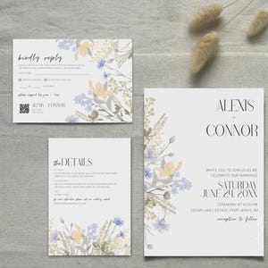 Blumen-Hochzeitseinladungs-Reihe, QR-Code Antwortkarte, elegante, wunderliche Aufnahmedetails-Karte mit blauen und gelben Blumen, bearbeitbares Vorlagenbündel