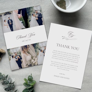 Plantilla elegante de tarjeta de agradecimiento con foto: descarga instantánea personalizable para una boda moderna