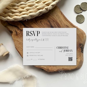Moderne RSVP-kaart voor bruiloft met QR-code | Afdrukbare antwoordsjabloon | Elegant minimalistisch antwoord voor doe-het-zelfbruiloften