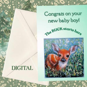 Bebé niño, felicitaciones, cervatillo, vida silvestre, animal, lindo, tarjeta digital, arte original de Ginger CritterArt Jamerson