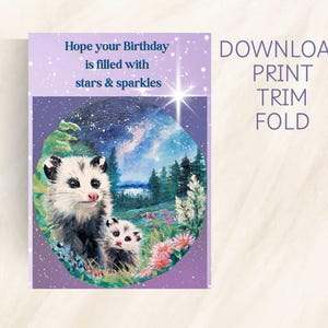 Joyeux anniversaire Opossum, faune, animal, fantaisiste téléchargement numérique 5 "x 7", carte de voeux vierge