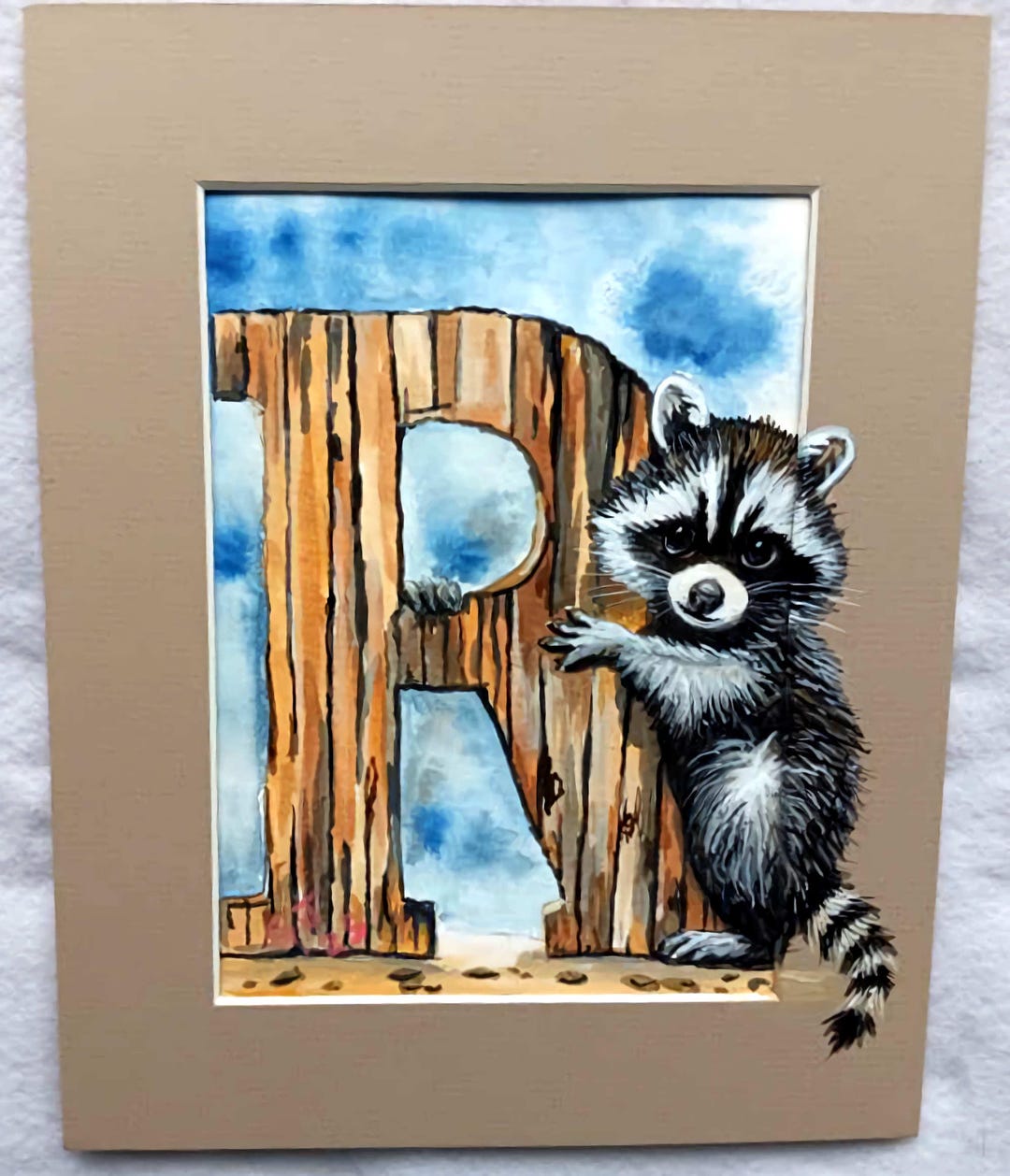 Raccoon Letter R, Original Acrylic Art, 8
