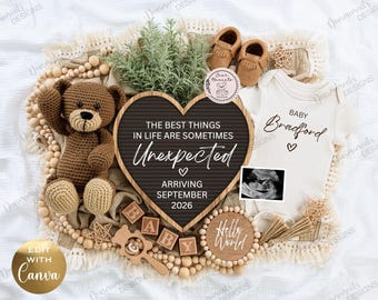 May include: A baby announcement with a brown teddy bear, baby shoes, and a onesie that says "Baby Bradford." A heart-shaped sign reads "The best things in life are sometimes unexpected, arriving September 2026."