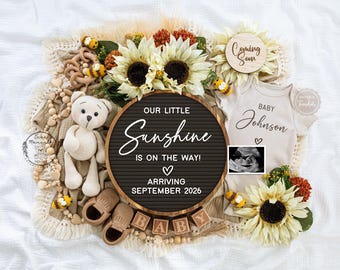 Summer Pregnancy Announcement, Sunflower Gender Neutral Baby Announcement, Social Media Editable Baby Reveal Template, Little Sunshine, 376