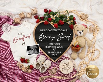 Strawberry Girl Pregnancy Announcement, Berry Sweet Social Media Baby Reveal (Digital File)