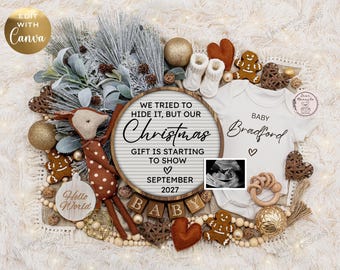 May include: A white baby bodysuit with the text Baby Bradford, a letter board reading WE TRIED TO HIDE IT, BUT OUR Christmas GIFT IS STARTING TO SHOW SEPTEMBER 2027, a sonogram, a plush deer, gingerbread cookies, wooden blocks, and ornaments.