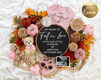 Fall Pregnancy Announcement | Little Pumpkin Baby Girl Reveal | Baby Girl Announcement Digital | Baby Announcement Template