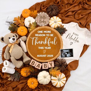 Fall Pregnancy Announcement, Thanksgiving Pumpkin Pie Neutral Baby Announcement, Autumn Thankful Baby Reveal Digital Download Template, 16