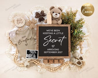 May include: A beige baby bodysuit with the text Baby Bradford, a black letter board with the text WE'VE BEEN KEEPING A LITTLE Secret ARRIVING SEPTEMBER 2027, a crochet teddy bear, a baby bottle, wooden blocks spelling BABY, and an ultrasound photo.