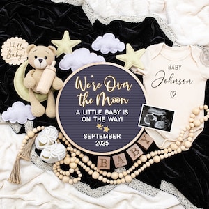 Gender Neutral Pregnancy Announcement, Moon Star Baby Announcement, Social Media Baby Reveal Digital Template, We&#39;re Over the Moon, 246