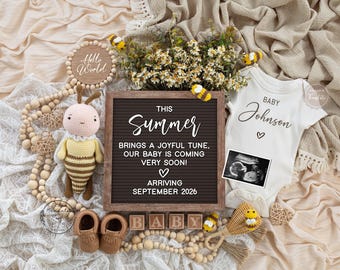 Summer Pregnancy Announcement, Bee Theme Gender Neutral Baby Announcement, Summer Flower Social Media Editable Baby Reveal Template, 378