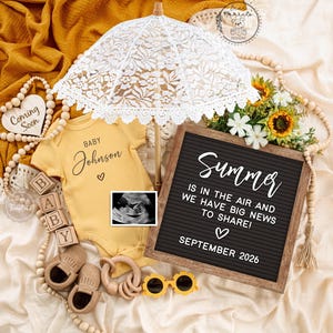 Summer Pregnancy Announcement, Baby Announcement, Social Media Gender Neutral Baby Reveal Digital template Template, Summer in the Air, 442