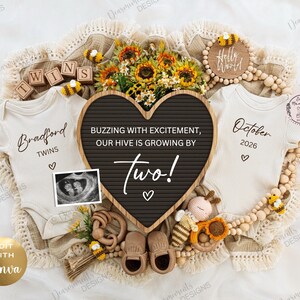 Bee Themed Twins Pregnancy Announcement, Summer Gender Neutral Baby Reveal (Digital Template)
