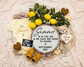 Summer Pregnancy Announcement, Citrus Lemon Gender Neutral Baby Announcement, Social Media Baby Reveal Template, Summer in the Air, 234