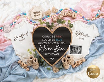 Gender Neutral Twin Pregnancy Announcement, Social Media Baby Reveal (Digital Download)