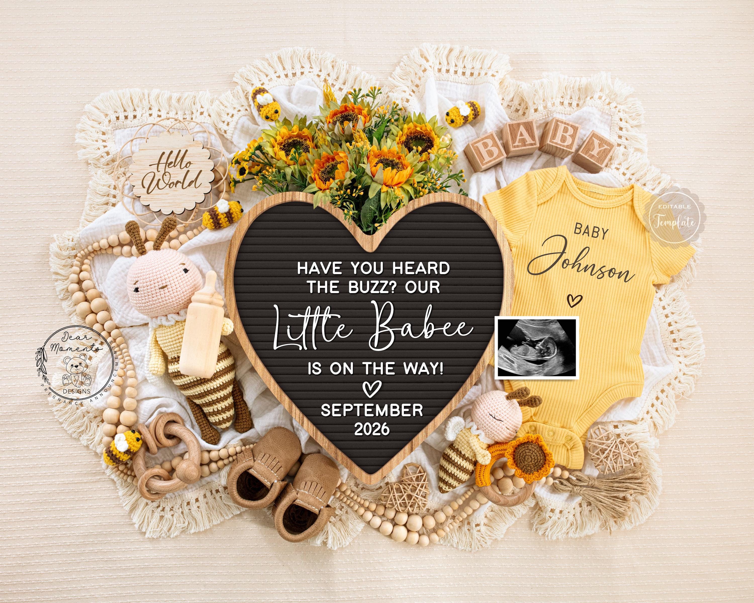 Summer Pregnancy Announcement, Bee Theme Gender Neutral Baby Announcement, Honey Bee Social Media Editable Baby Reveal Template, 380