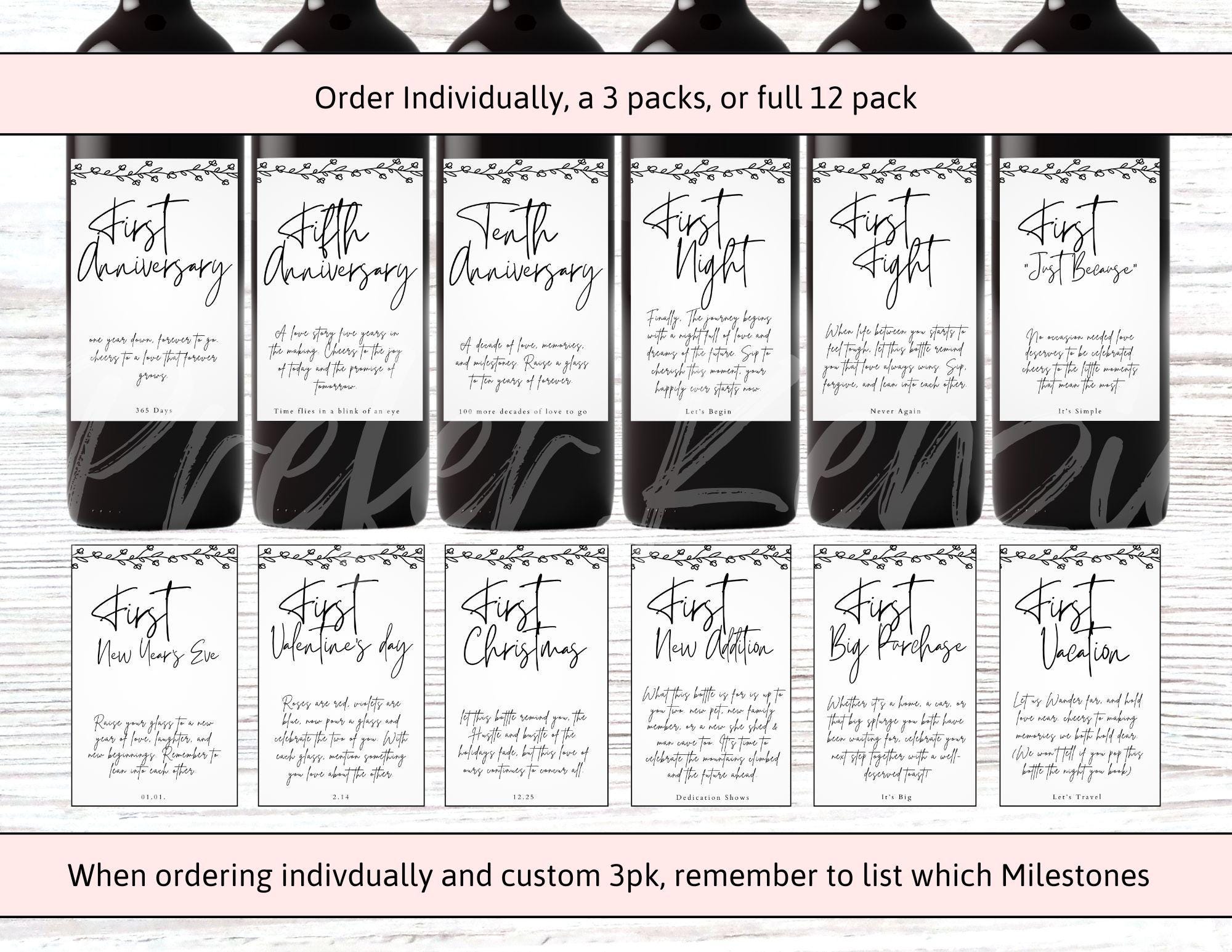 Vine Border Wedding Wine & Bottle Labels • Marriage Milestone • 12 Unique Designs •  12 Pack • Wine •  Beer • Mini Sizes - Thumbnail 7