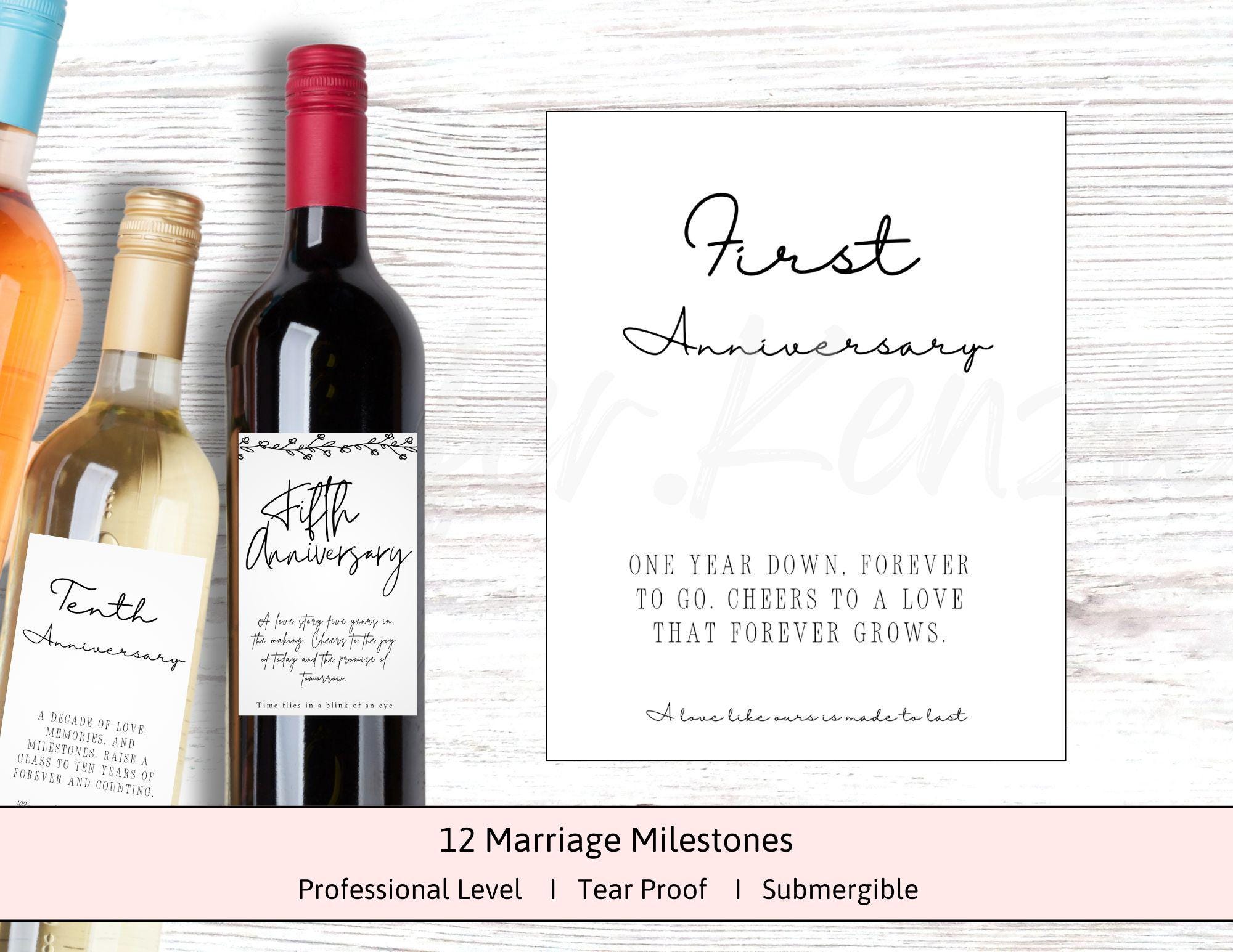 Clean Cursive Marriage Milestone Wine & Bottle Labels • 12 Unique Designs • 12 Pack • Wine • Champagne  •  Beer