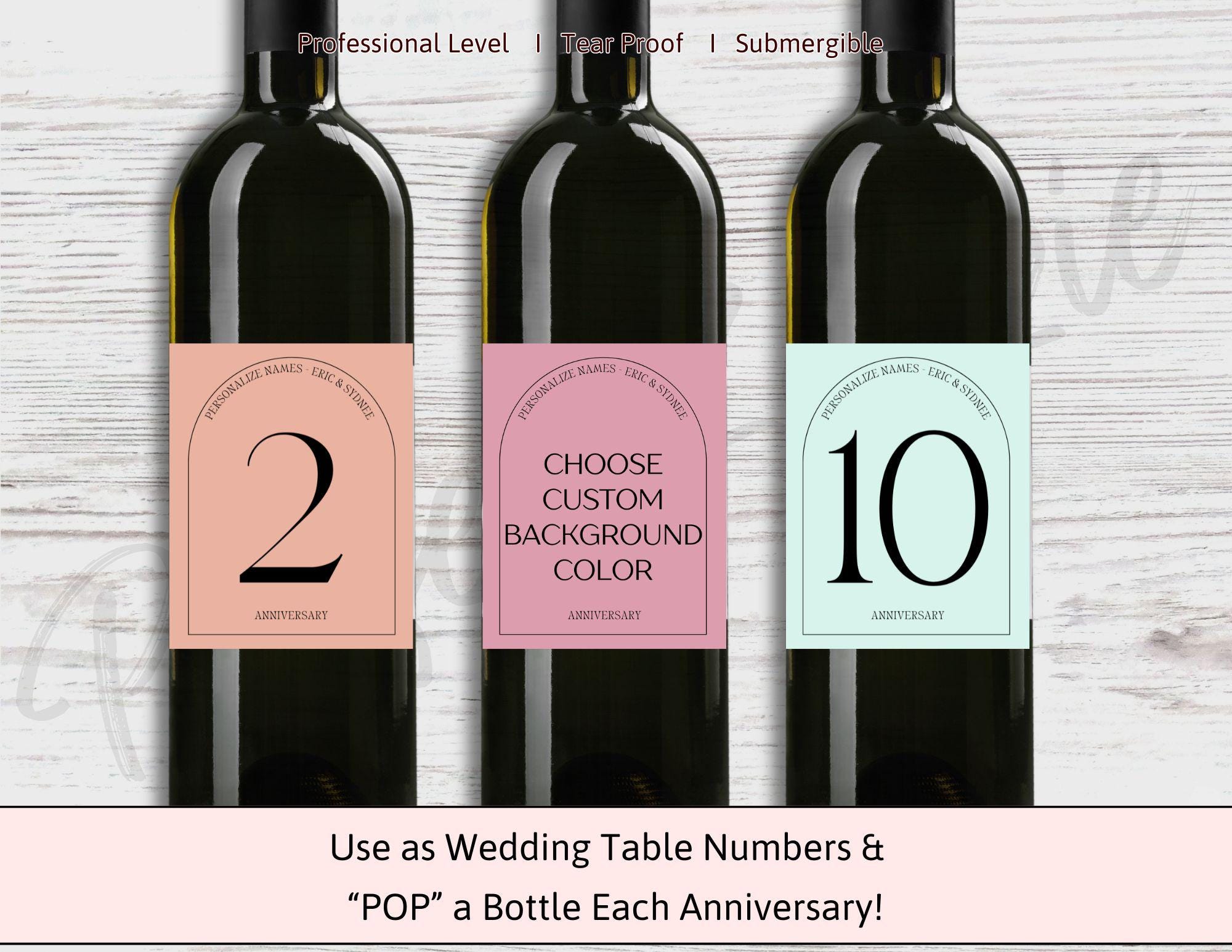 Personalized Wedding Table Numbers • Anniversary Bottle Labels • Black Arch Light Color • 1 - 100 • Custom Color Stickers • Wine • Champagne