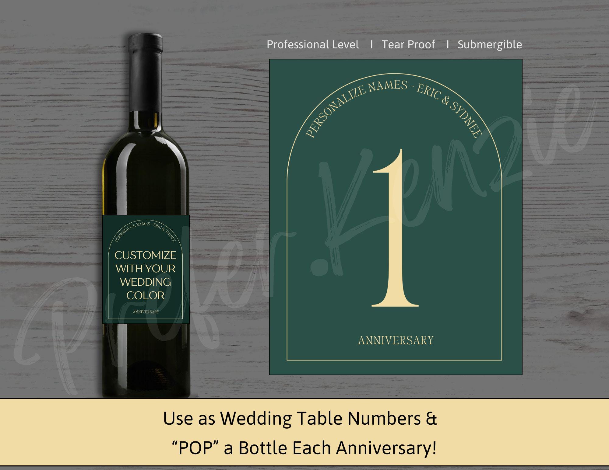 Personalized Wedding Table Numbers • Anniversary Bottle Labels • Green & Gold Arch • 1 - 100 • Custom Color Stickers • Wine • Champagne - Thumbnail 3