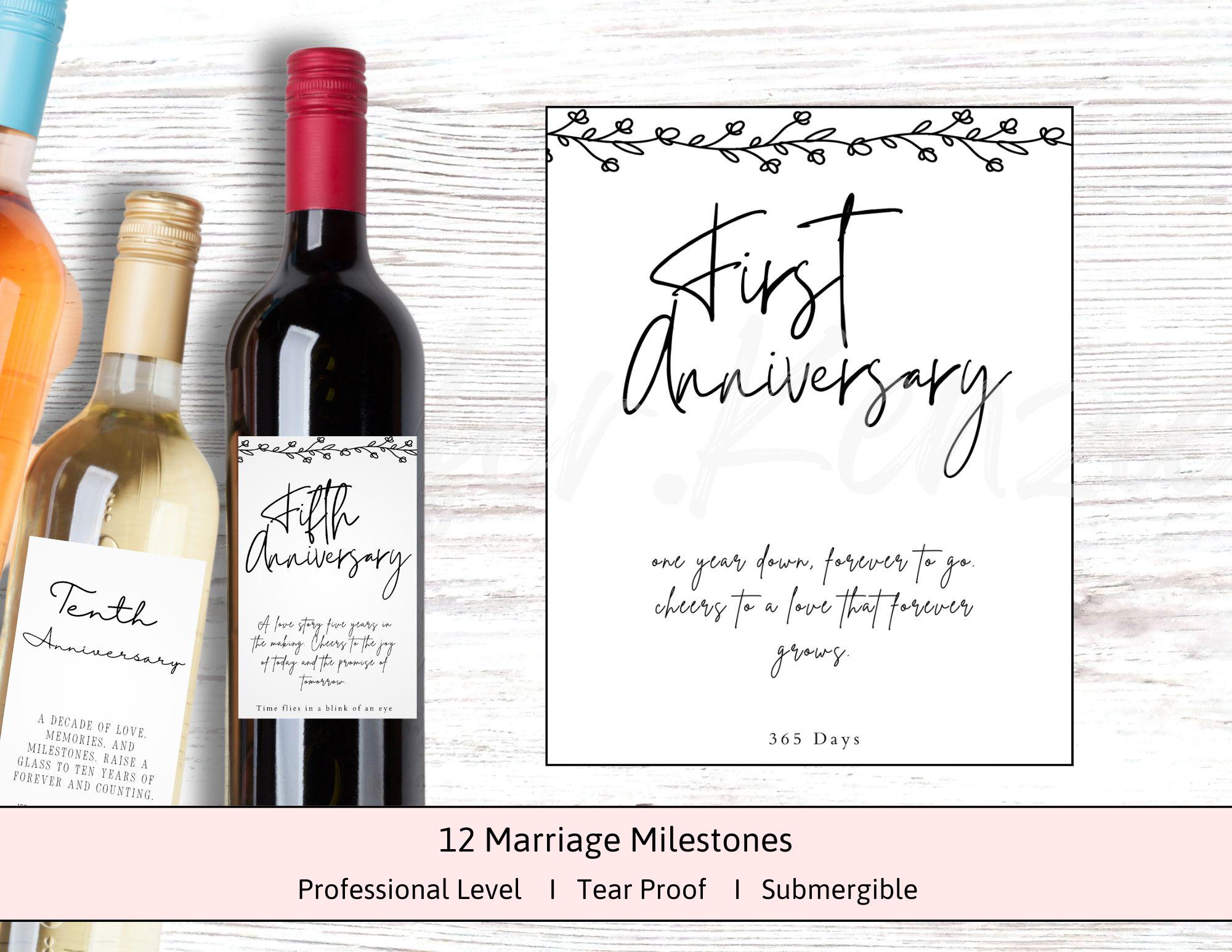 Vine Border Wedding Wine & Bottle Labels • Marriage Milestone • 12 Unique Designs •  12 Pack • Wine •  Beer • Mini Sizes