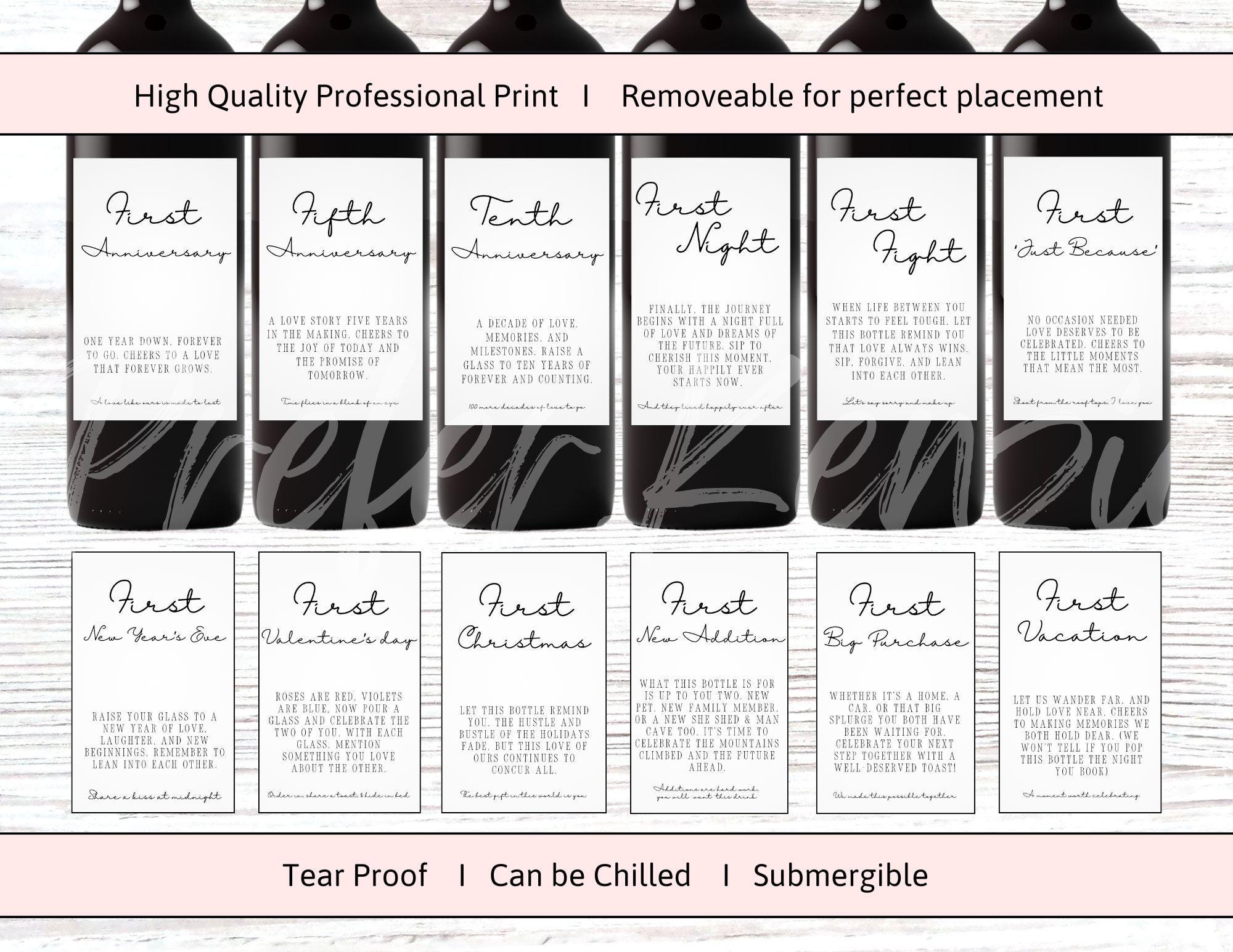Clean Cursive Marriage Milestone Wine & Bottle Labels • 12 Unique Designs • 12 Pack • Wine • Champagne  •  Beer - Thumbnail 7